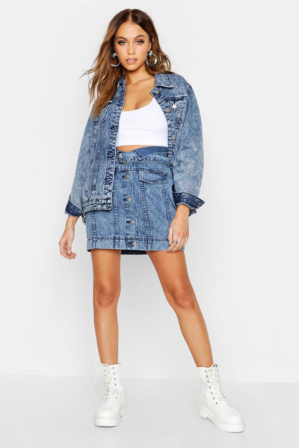 Belted Collar Detail Acid Denim Skirt